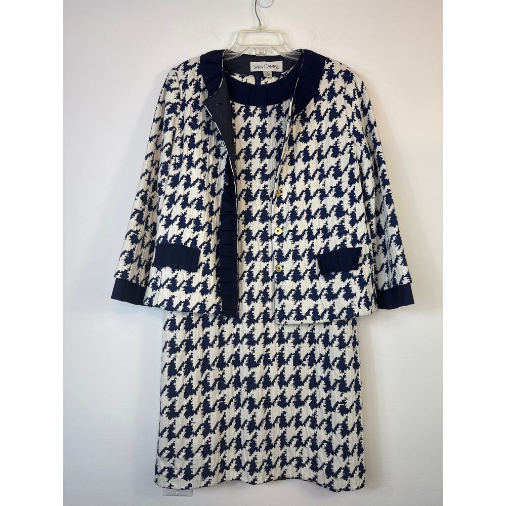 Sara Campbell Boston Houndstooth Dress Jacket Set Blue White NWT Large Preppy